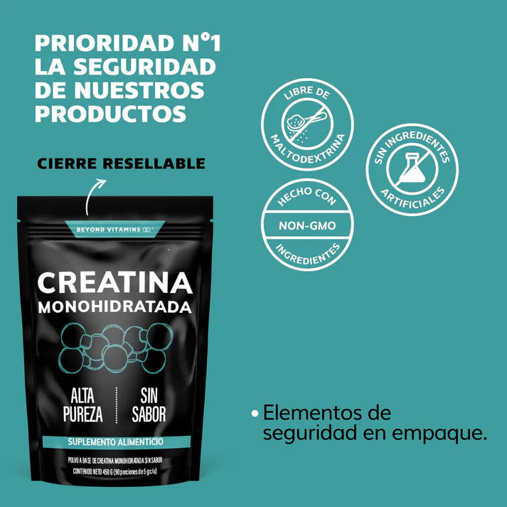 Creatina Monohidratada Micronizada – Potencia y Rendimiento en Cada Scoop, 90 porciones, bolsa con 450g.